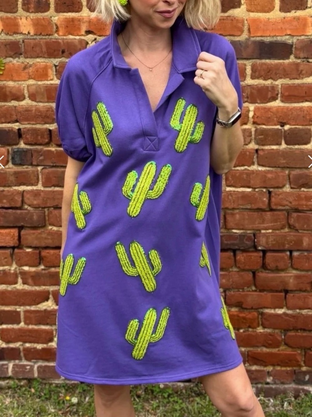 Peach Love California Purple Polo Dress with Lime Cactus Embroidery